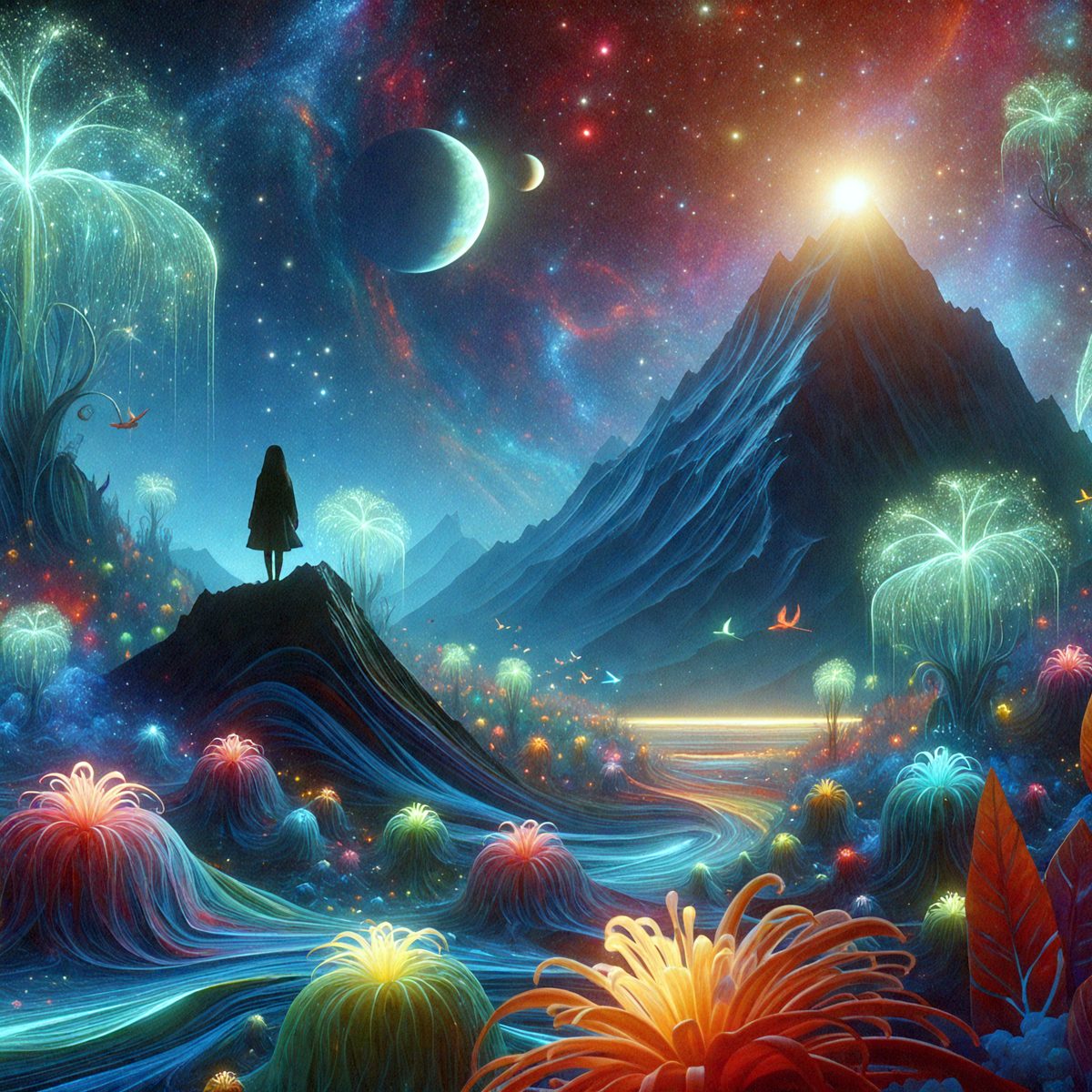 The primary subject of the image is a person standing on a hill, surrounded by a vibrant and colorful landscape. The setting includes a mountain, a river, and a variety of plants and flowers, creating a lush and serene environment. The visual style of the image is digital art, with the person and the landscape depicted in a vivid and detailed manner. The colors and mood of the image are predominantly bright and cheerful, with the person standing out against the backdrop of the beautiful and colorful landscape.